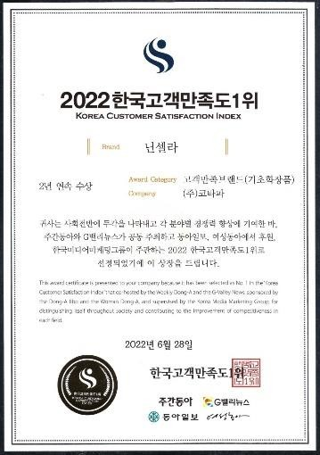 2022 韓国顧客満足度 1位 認定証